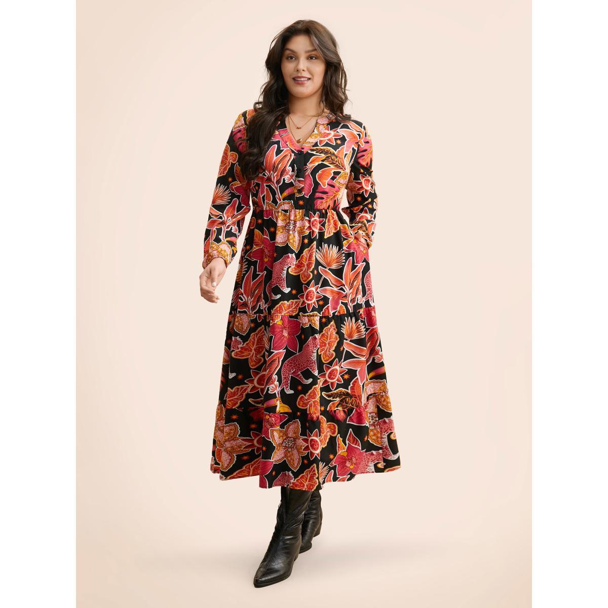 Plus Size Notched Floral Elastic Waist Maxi Dress Black Women Elegant Button Flat collar with V-notch Long Sleeve Curvy BloomChic 30/6X Product Image