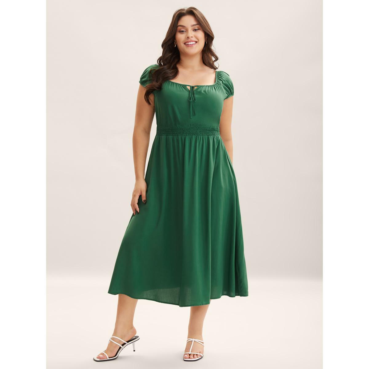 Plus Size Rayon Keyhole Pockets Solid Milkmaid Dress Emerald Women Square Neck Cap Sleeve Curvy BloomChic 14-16/1X Product Image