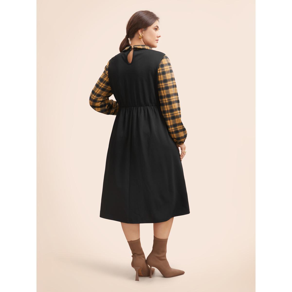 Plus Size Plaid Patchwork Elastic Waist Midi Dress Mustardyellow Women At the Office Patchwork Shirt collar Long Sleeve Curvy BloomChic 18-20/2X Product Image