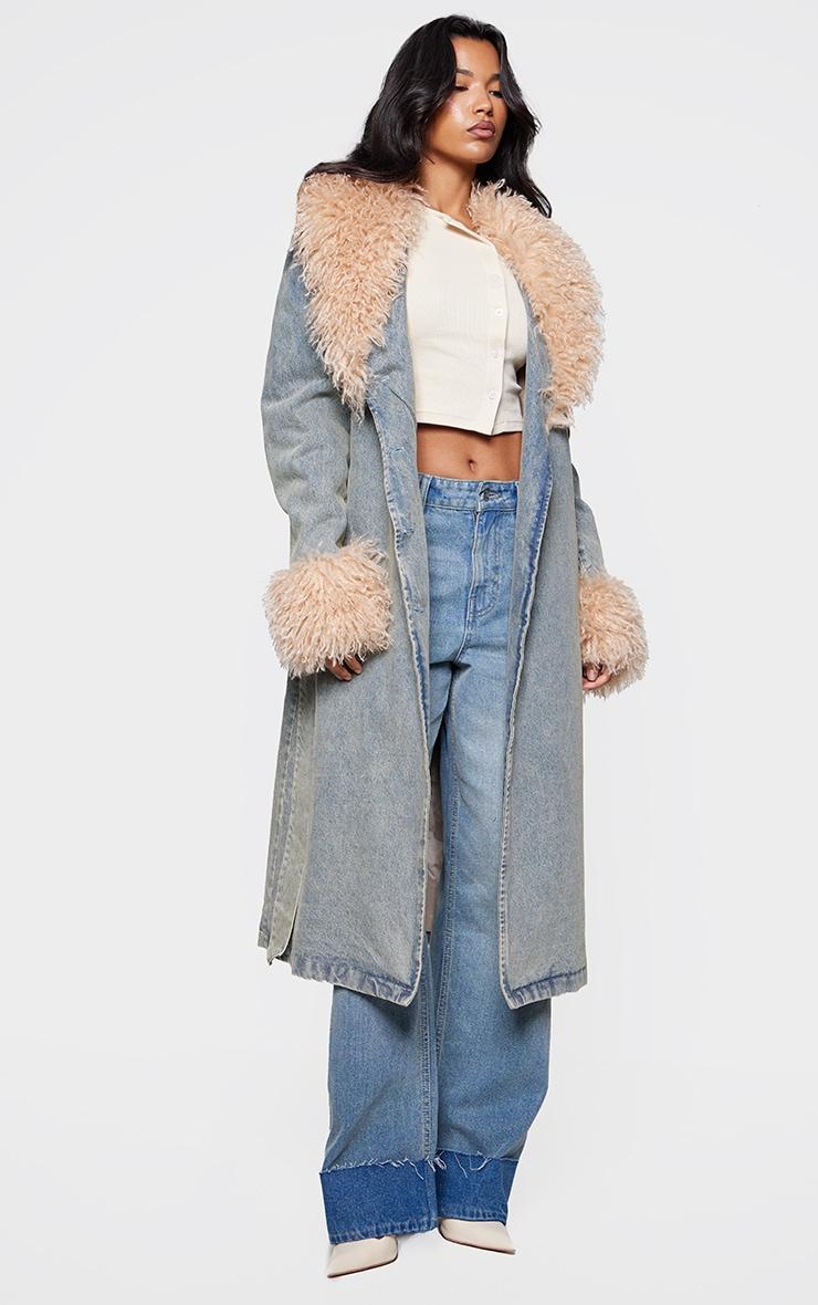 Vintage Faux Fur Trim Belted Trench Coat Product Image
