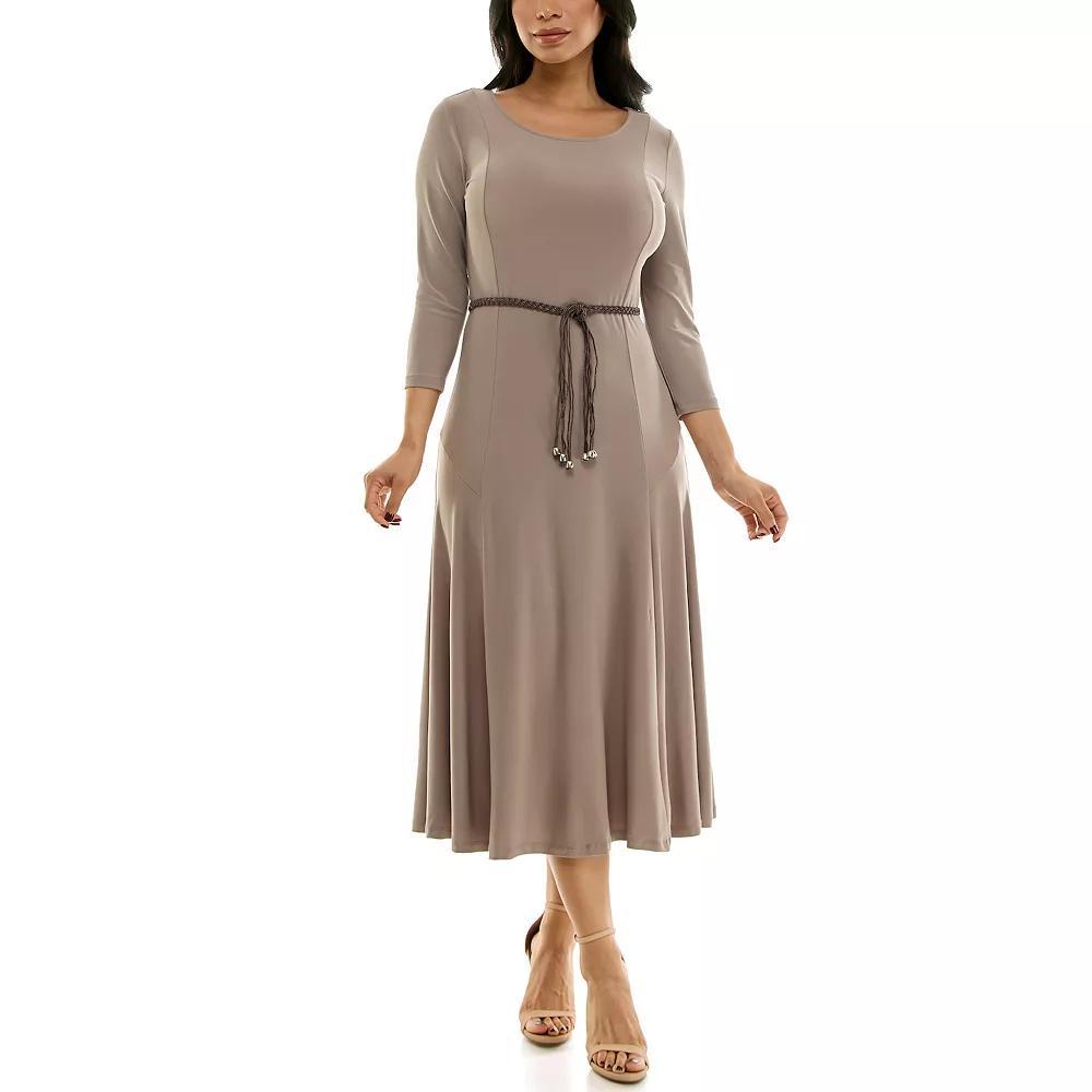 Women's Nina Leonard Sylvia Three-Quarter Sleeve Belted Midi Dress, Size: Small, Mink Product Image