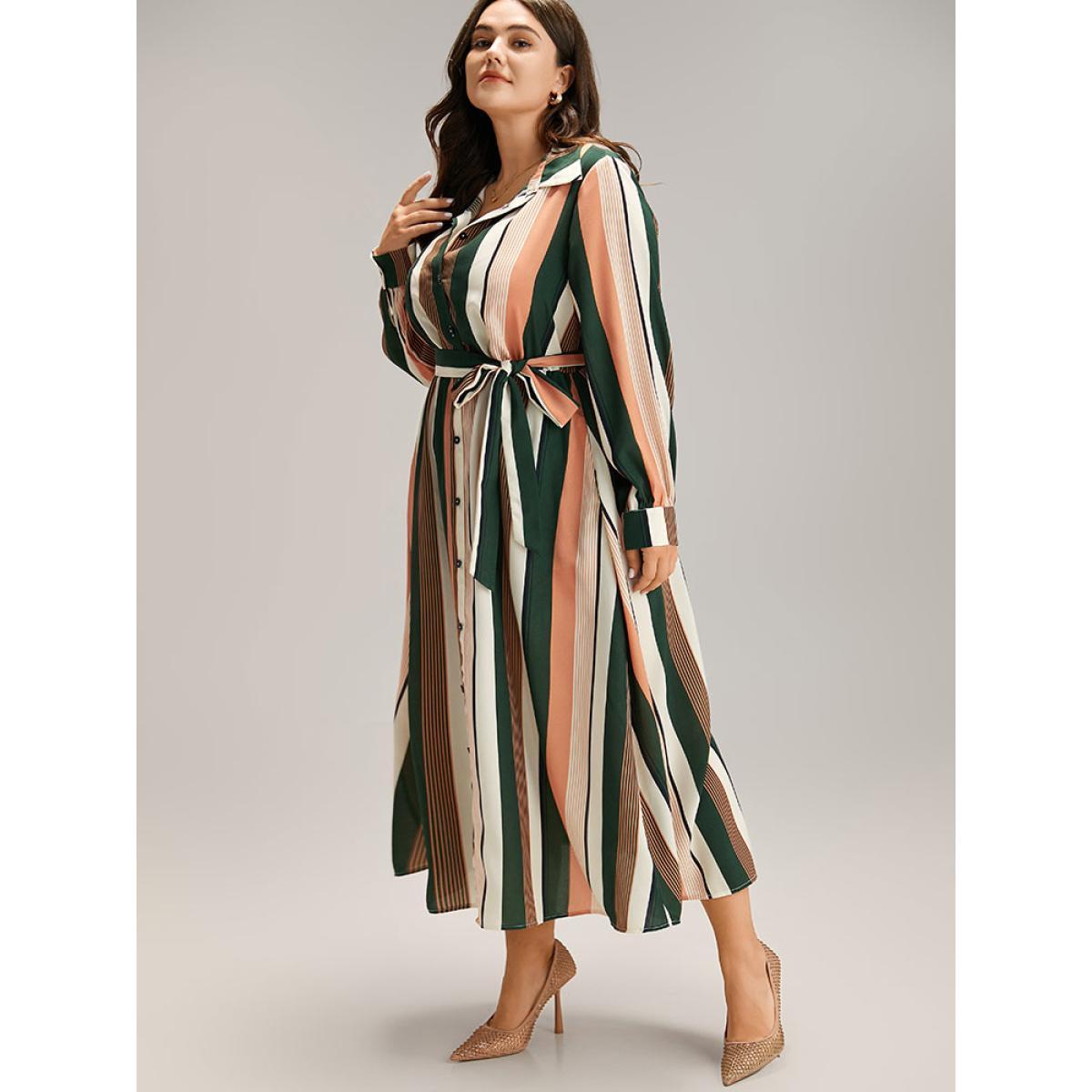Plus Size Striped Belted Shirt Collar Button Through Dress Multicolor Women At the Office Printed Shirt collar Long Sleeve Curvy Midi Dress BloomChic 26/4X Product Image