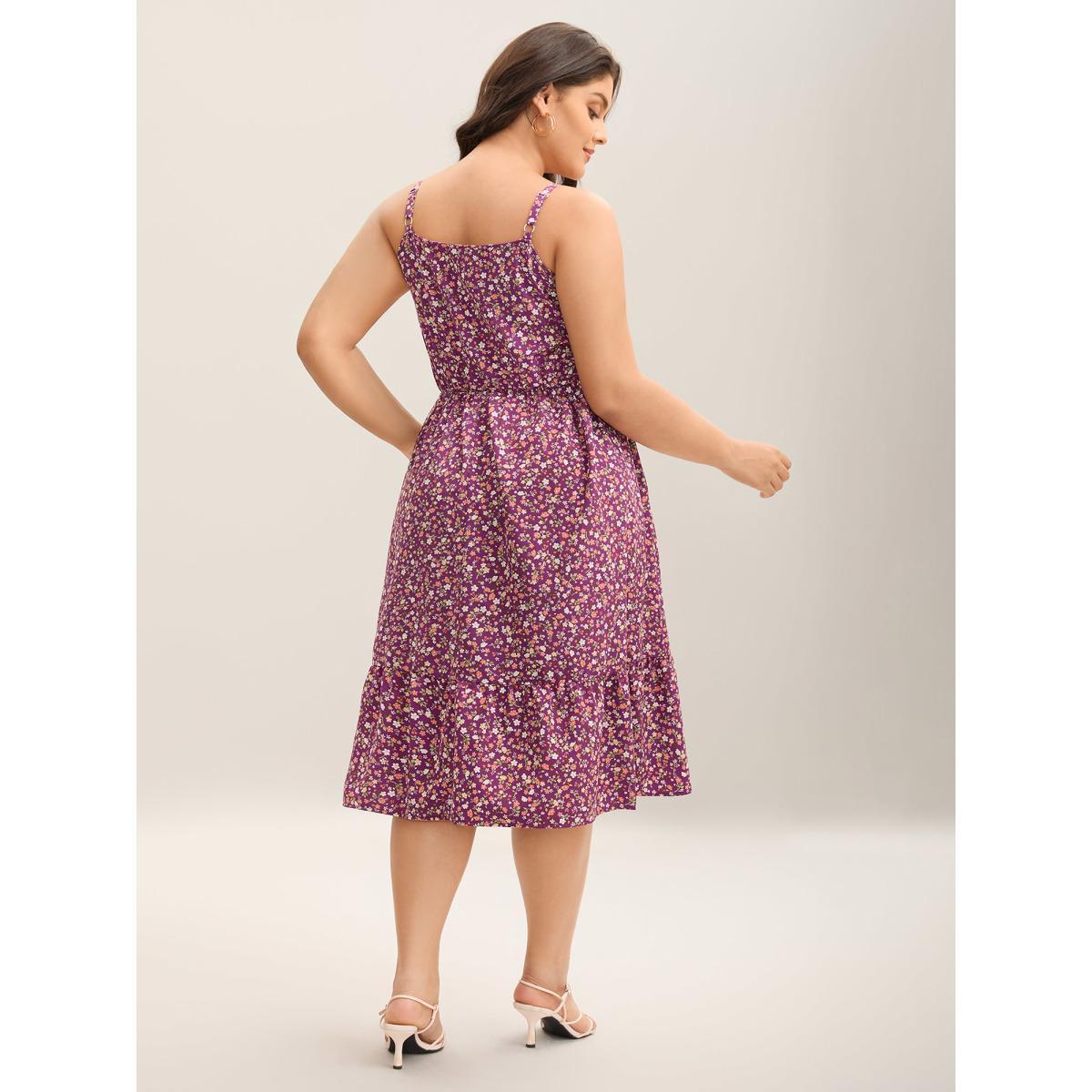 Plus Size Floral Print Shirred Pockets Midi Dress Deeppurplered Women Elegant Shirred Square Neck Sleeveless Curvy BloomChic 30/6X Product Image