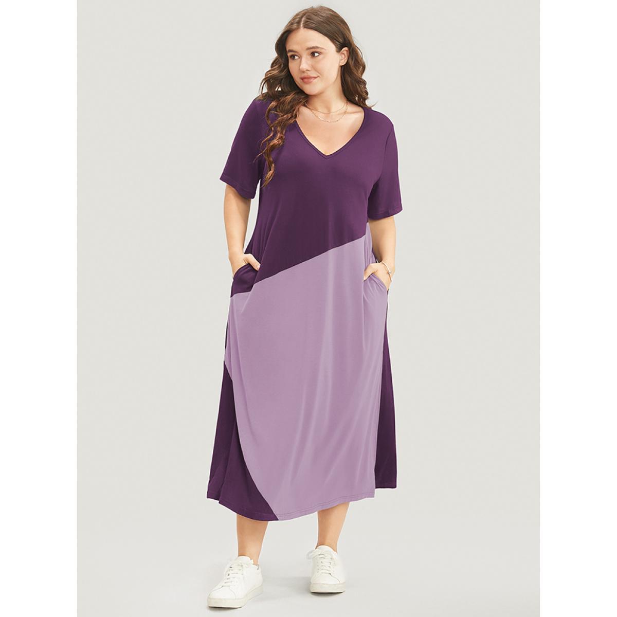 Plus Size Colorblock Contrast V Neck Pocket Split Hem Dress Eggplant Women Casual Contrast V-neck Short sleeve Curvy Midi Dress BloomChic 18-20/2X Product Image