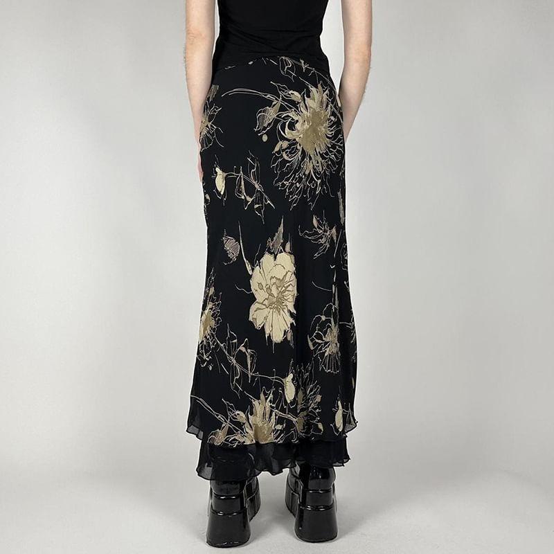 Low Waist Floral Print Mesh Midi Skirt Product Image