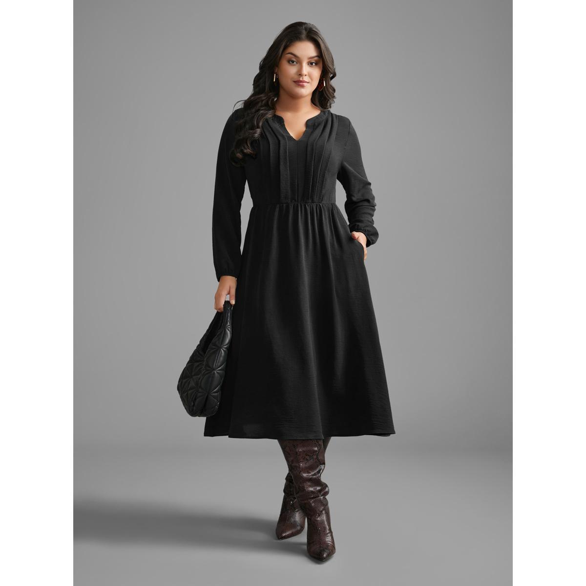 Plus Size Plain Notched Pleated Midi Dress Black Women At the Office Pleated Flat collar Long Sleeve Curvy BloomChic 30/6X Product Image