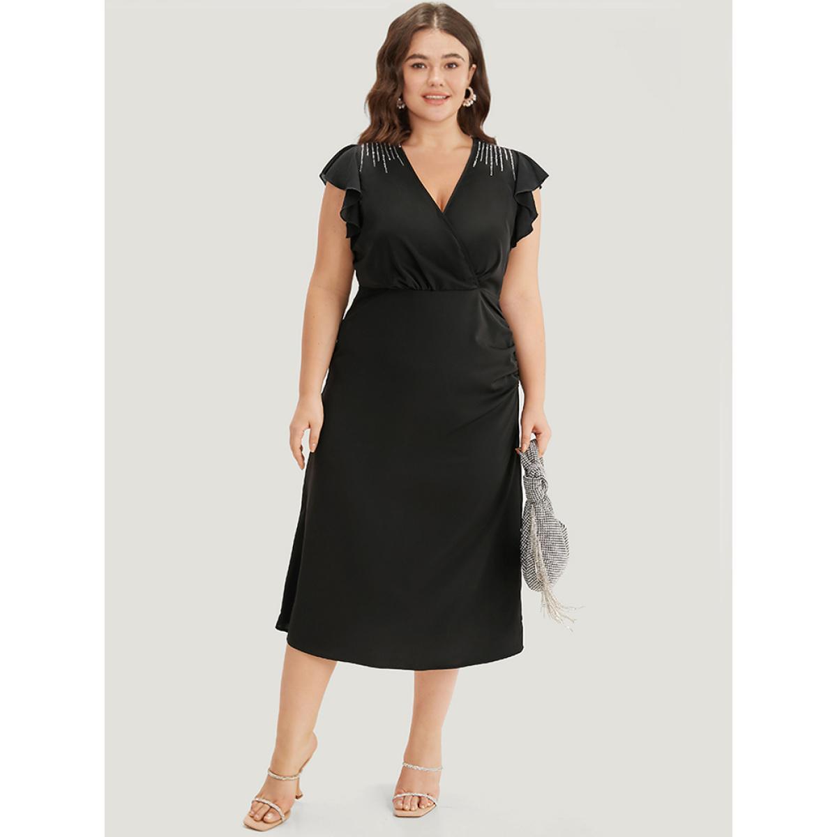Plus Size Sequin Surplice Neck Ruffle Trim Zipper Dress Black Women Party Rhinestone detailing V-neck Sleeveless Curvy Midi Dress BloomChic 28/5X Product Image
