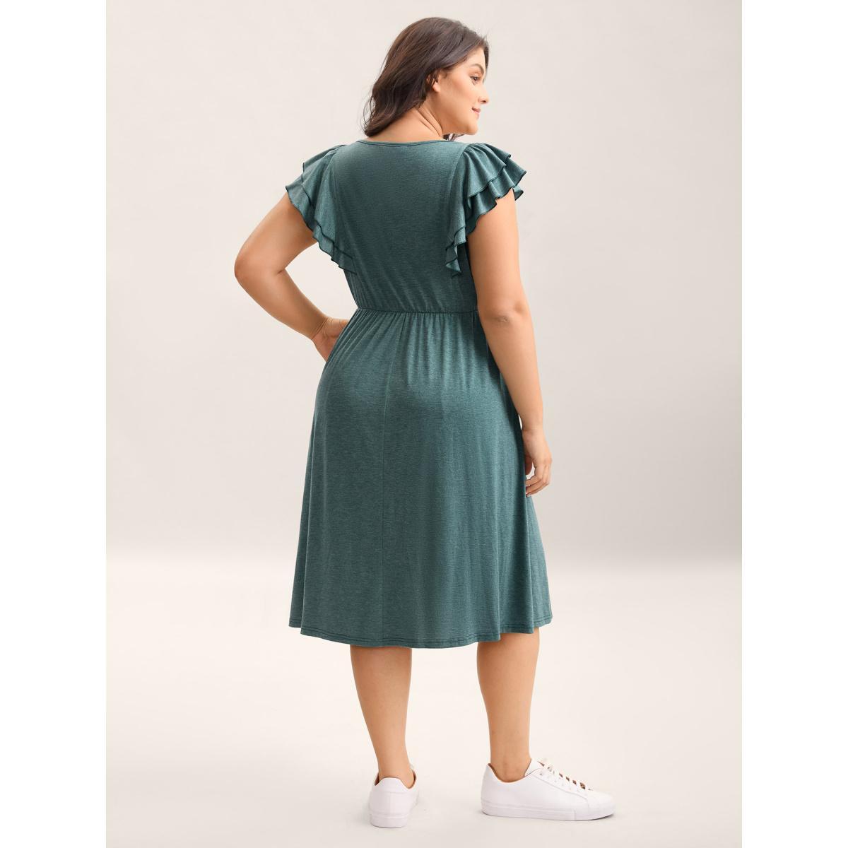Plus Size Stretchy Flutter Sleeve Pleated Midi Dress Teal Women Knit Dresses Bloomchic 18-20/2X Product Image