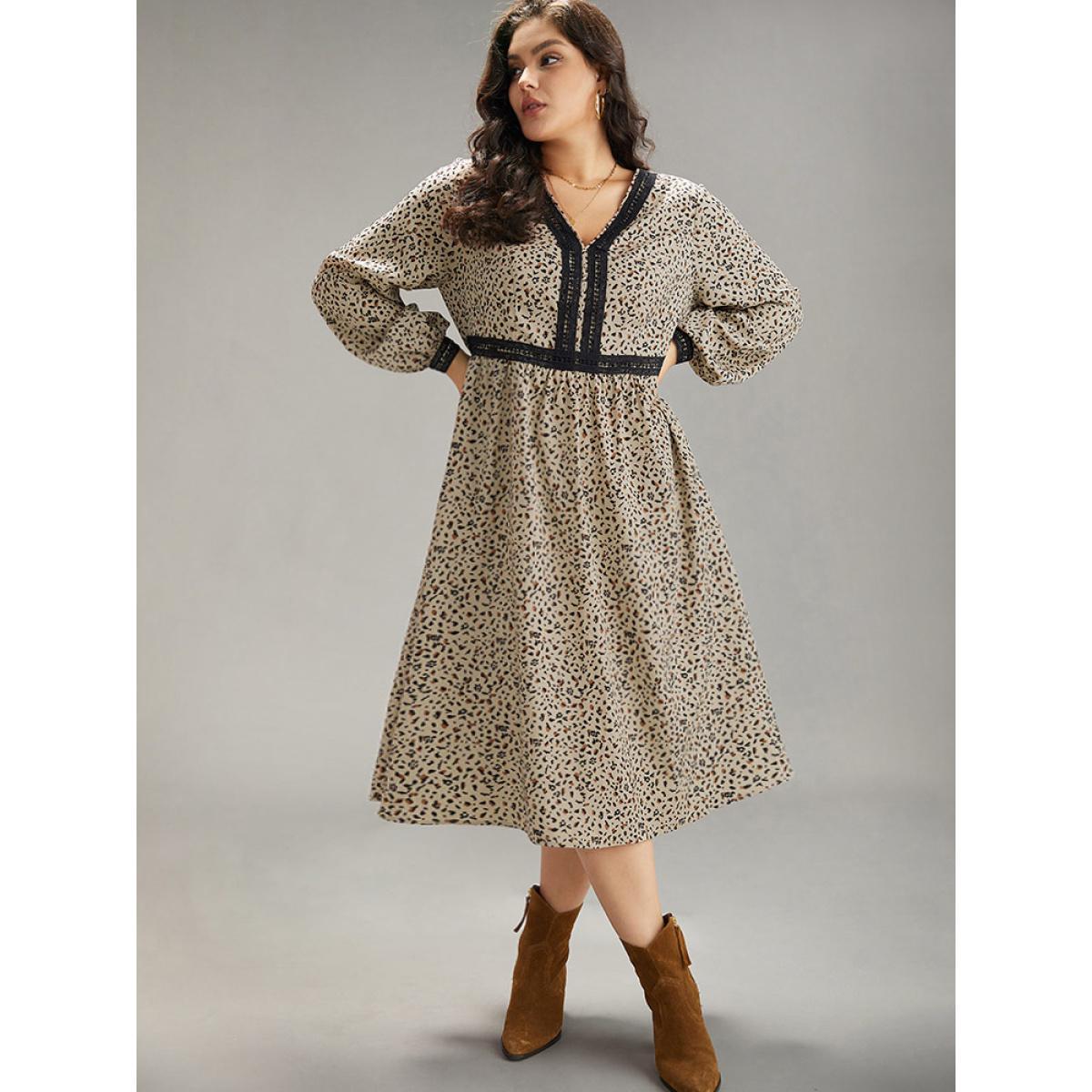 Plus Size Leopard Pocket Guipure Lace Lantern Sleeve Dress Stone Women Vacation Elastic cuffs V-neck Long Sleeve Curvy Midi Dress BloomChic 18-20/2X Product Image