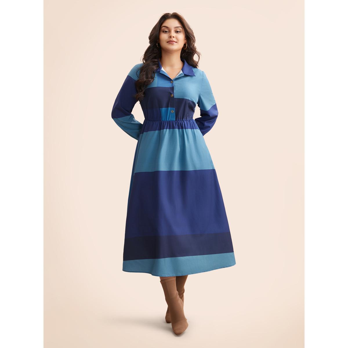 Plus Size Shirt Collar Colorblock Contrast Midi Dress DarkBlue Women Elegant Contrast Shirt collar Long Sleeve Curvy BloomChic 30/6X Product Image