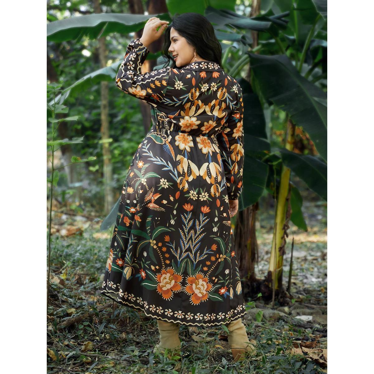Plus Size Bandana Print Pocket Lapel Collar Elastic Cuffs Dress Black Women Resort Non V-neck Long Sleeve Curvy Midi Dress BloomChic 28/5X Product Image