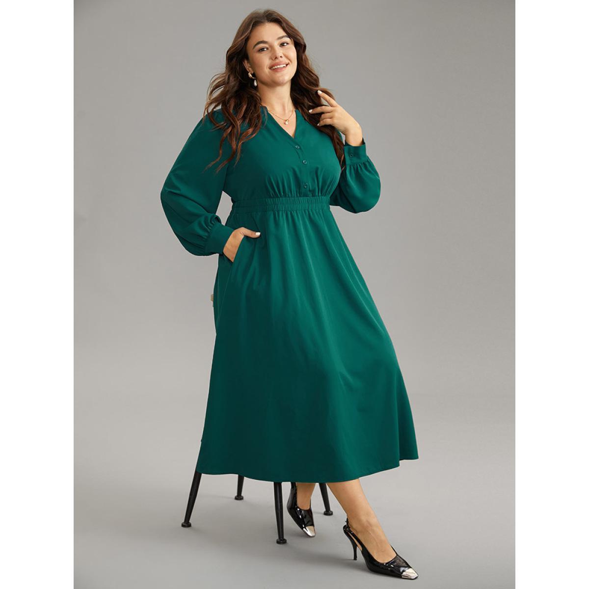 Plus Size Anti-Wrinkle Shirred Gathered Notched Dress Teal Women Office Plain Notched collar Long Sleeve Curvy Midi Dress BloomChic 10/M Product Image