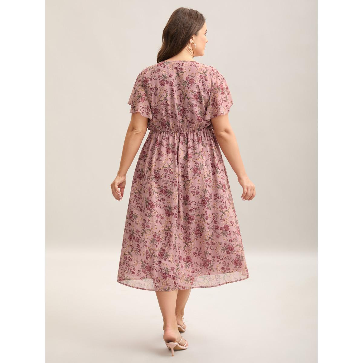 Plus Size Chiffon Floral Print Ruffled Midi Dress Blush Women Elegant Ruffles Round Neck Short sleeve Curvy BloomChic 18-20/2X Product Image