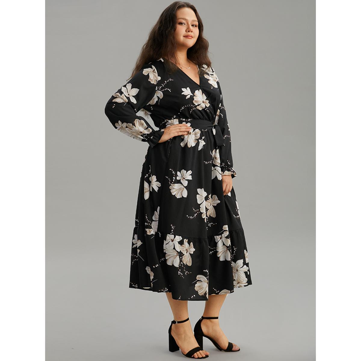Plus Size Floral Print Flutter Sleeve Belted Surplice Neck Dress Black Women Elegant Wrap Overlap Collar Long Sleeve Curvy Midi Dress BloomChic 26/4X Product Image