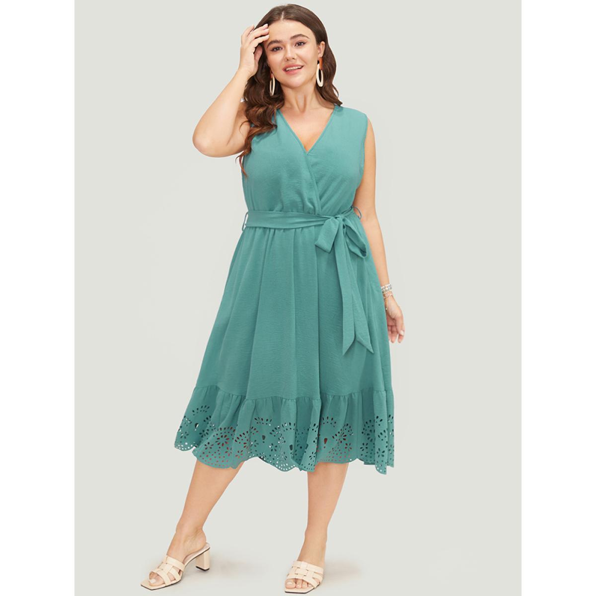 Plus Size Plain Pocket Wrap Belted Laser Cut Flutter Tank Dress Emerald Women Elegant Cross straps V-neck Sleeveless Curvy Midi Dress BloomChic 10/M Product Image