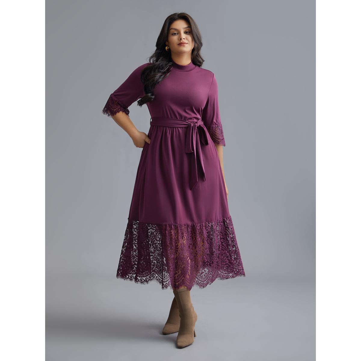 Plus Size Mock Neck Crochet Lace Belted Dress Deeppurplered Women Elegant Woven ribbon&lace trim Knit Dresses Bloomchic 22-24/3X Product Image