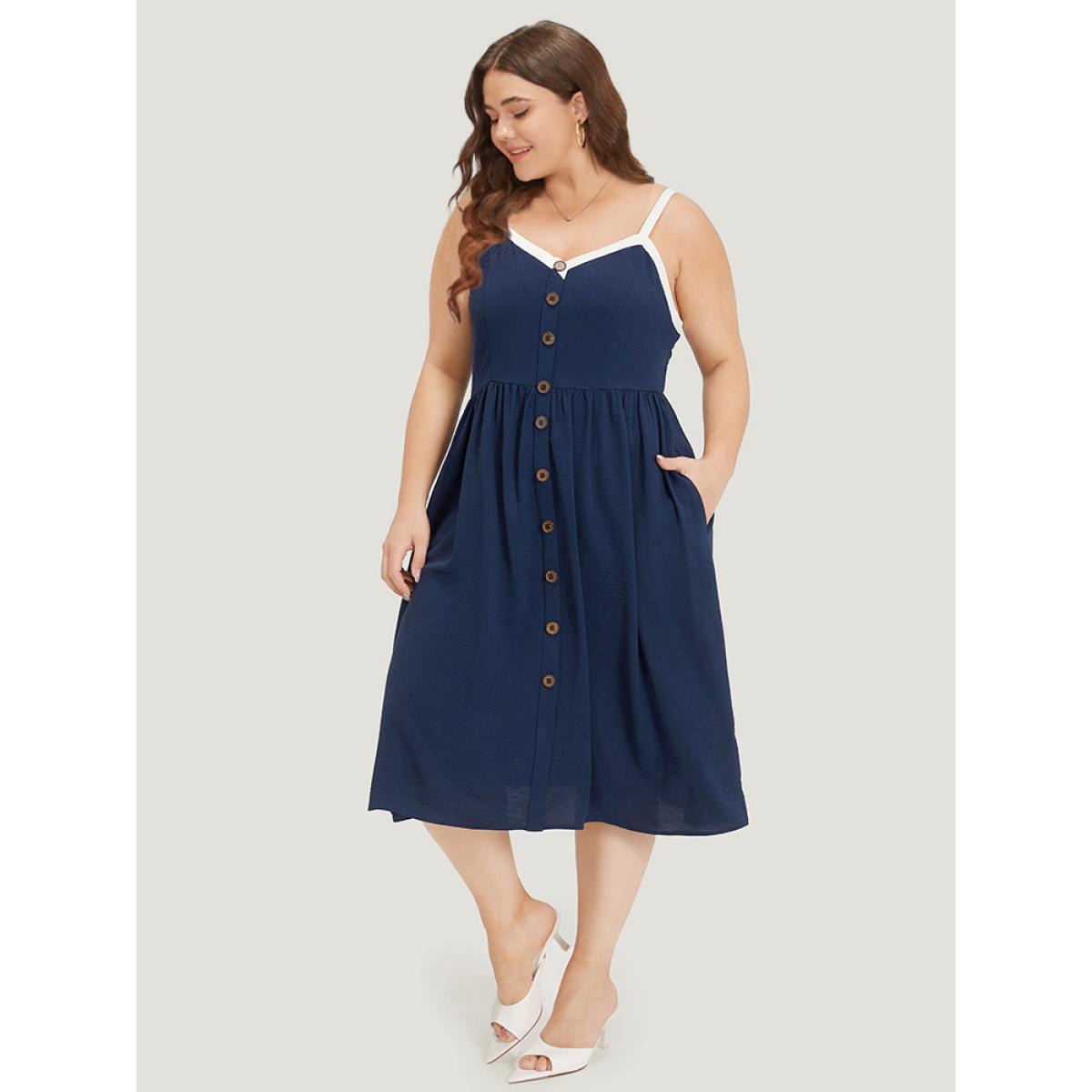 Plus Size Contrast Trim Pocket Button Detail Gathered Cami Dress Indigo Women Office Adjustable Straps Spaghetti Strap Sleeveless Curvy Midi Dress BloomChic 28/5X Product Image
