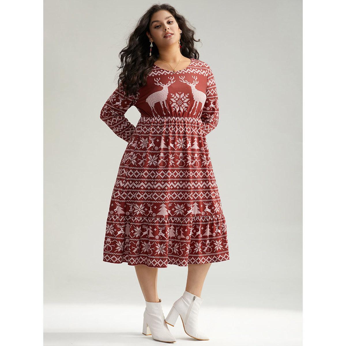 Plus Size Christmas Elk Gathered Ruffle Layered Hem Dress Scarlet Women Casual Printed Round Neck Long Sleeve Curvy Midi Dress BloomChic 10/M Product Image