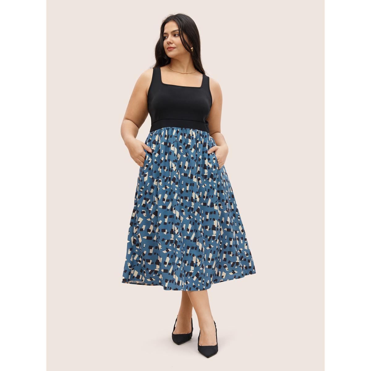 Plus Size Geometric Patchwork Square Neck Pocket Dress Blue Women At the Office Patchwork Square Neck Sleeveless Curvy Midi Dress BloomChic 10/M Product Image