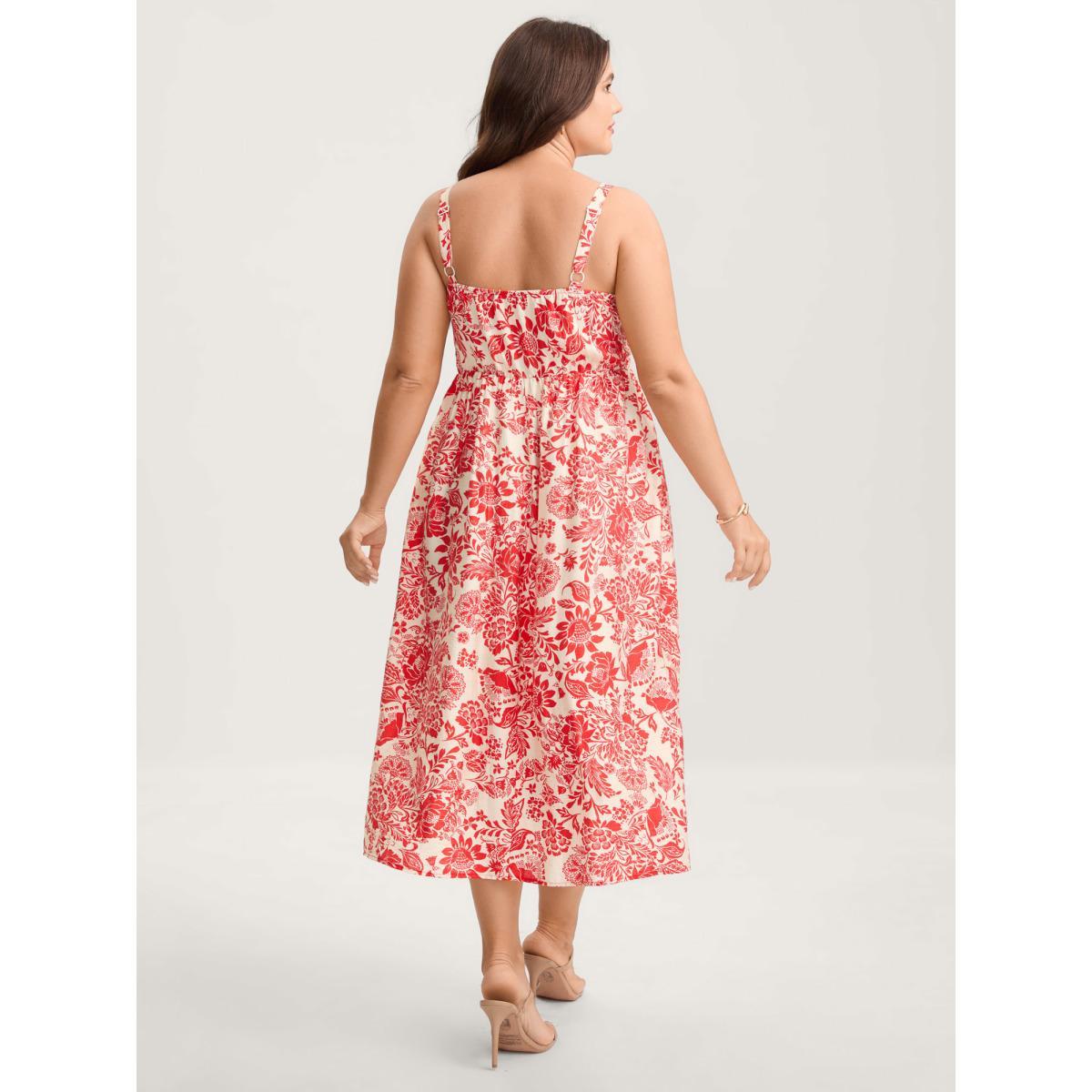 Plus Size Floral Shirred Ruffled Cami Midi Dress Crimson Women Heart neckline Sleeveless Curvy BloomChic 14-16/1X Product Image