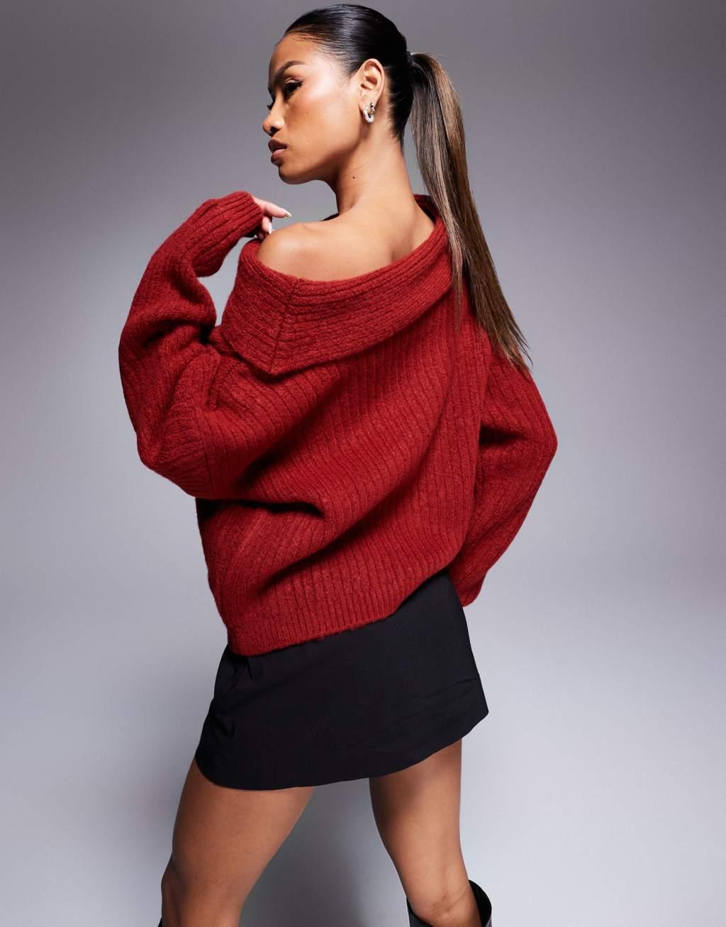 ASOS DESIGN oversized knitted off shoulder sweater in wine Product Image