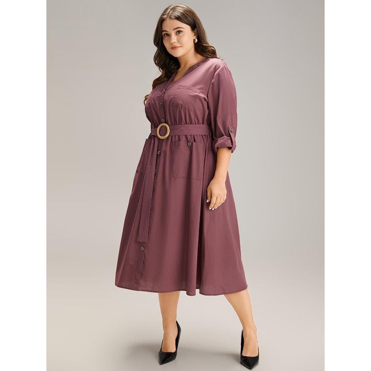 Plus Size Cotton Solid Buckle Detail Pocket Dress Burgundy Women Office Plain Shirt collar Long Sleeve Curvy Midi Dress BloomChic 26/4X Product Image
