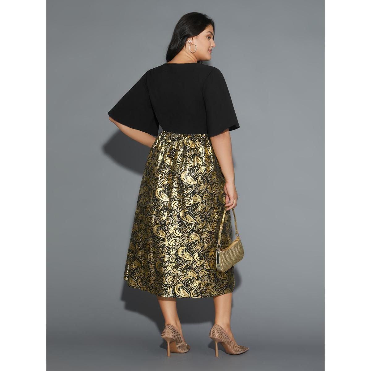 Plus Size V Neck Glitter Flounce Sleeve Dress Black Women Cocktail Texture V-neck Half Sleeve Curvy BloomChic 30/6X Product Image