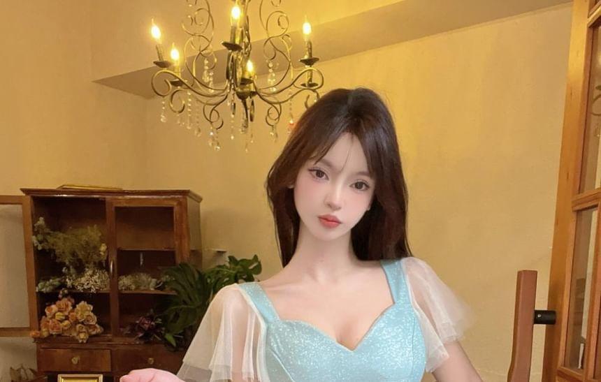 Flutter Sleeve Sweetheart Neck Glitter Panel Mesh Mini A-Line Dress Product Image