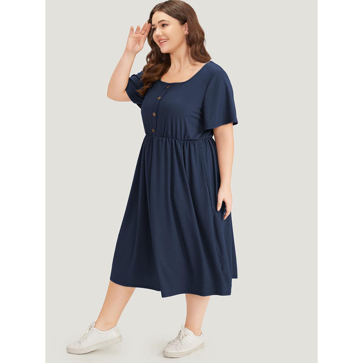 Plus Size Supersoft Essentials Plain Button Detail Ruffle Sleeve Gathered Square Neck Dress Indigo Women Casual Texture Square Neck Short sleeve Curvy Midi Dress BloomChic 12/L Product Image