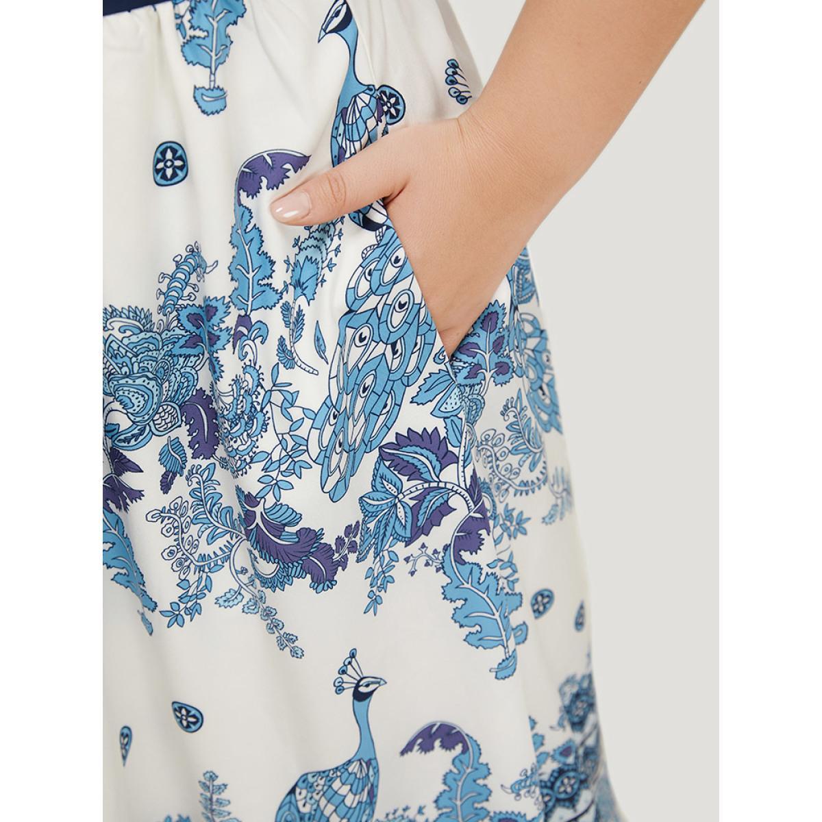 Plus Size Bandana Print Ruffles Pocket Batwing Sleeve Dress Indigo Women Vacation Lined V-neck Half Sleeve Curvy Midi Dress BloomChic 22-24/3X Product Image