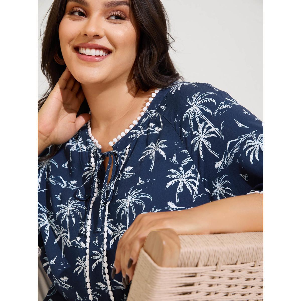 Plus Size Indigo Tropical Print Lace Trim Flowy Blouse Women Short sleeve V-neck Vacation Blouses BloomChic 28/5X Product Image