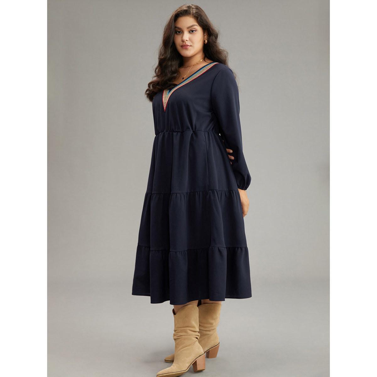 Plus Size Plain Contrast Webbing Elastic Waist Dress Midnight Women Casual Elastic cuffs V-neck Long Sleeve Curvy Midi Dress BloomChic 12/L Product Image