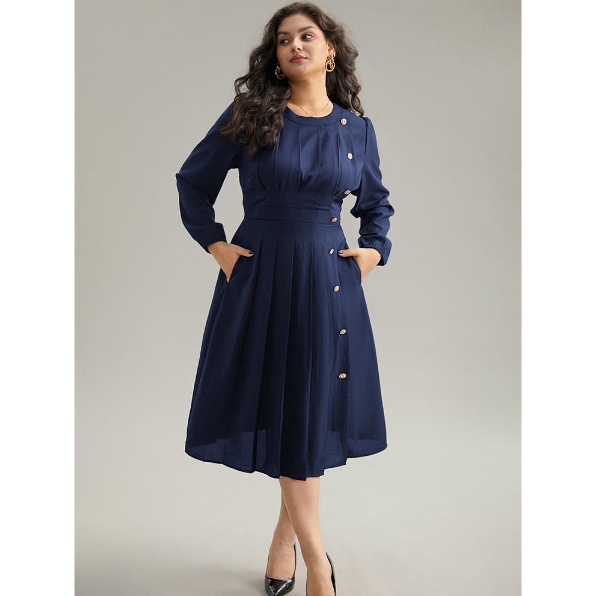 Plus Size Static-Free Metal Detail Plicated Detail Dress Navy Women Office Elastic cuffs Round Neck Long Sleeve Curvy Midi Dress BloomChic 12/L Product Image