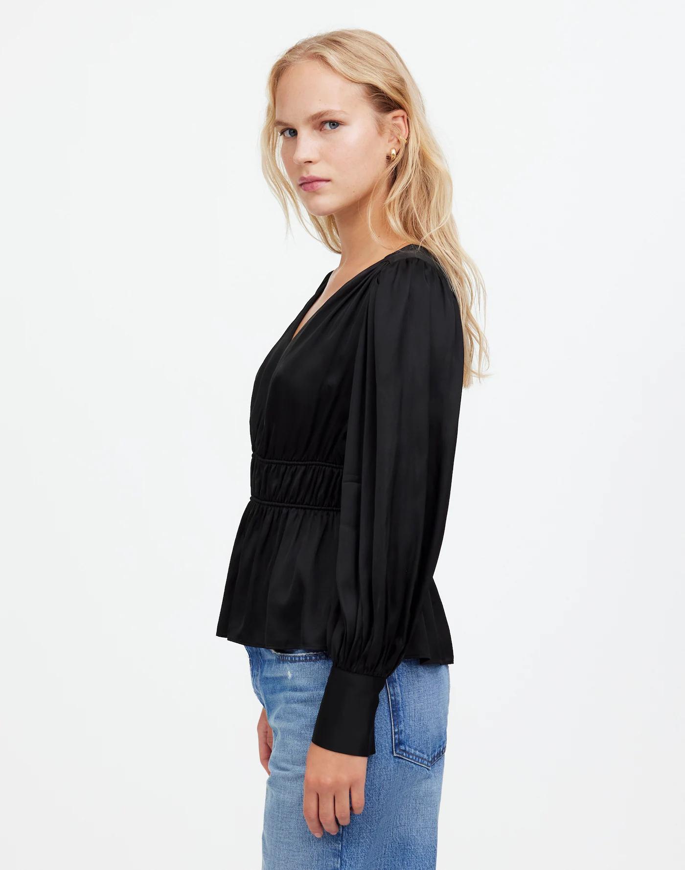 Long-Sleeve Peplum Top in Satin Product Image