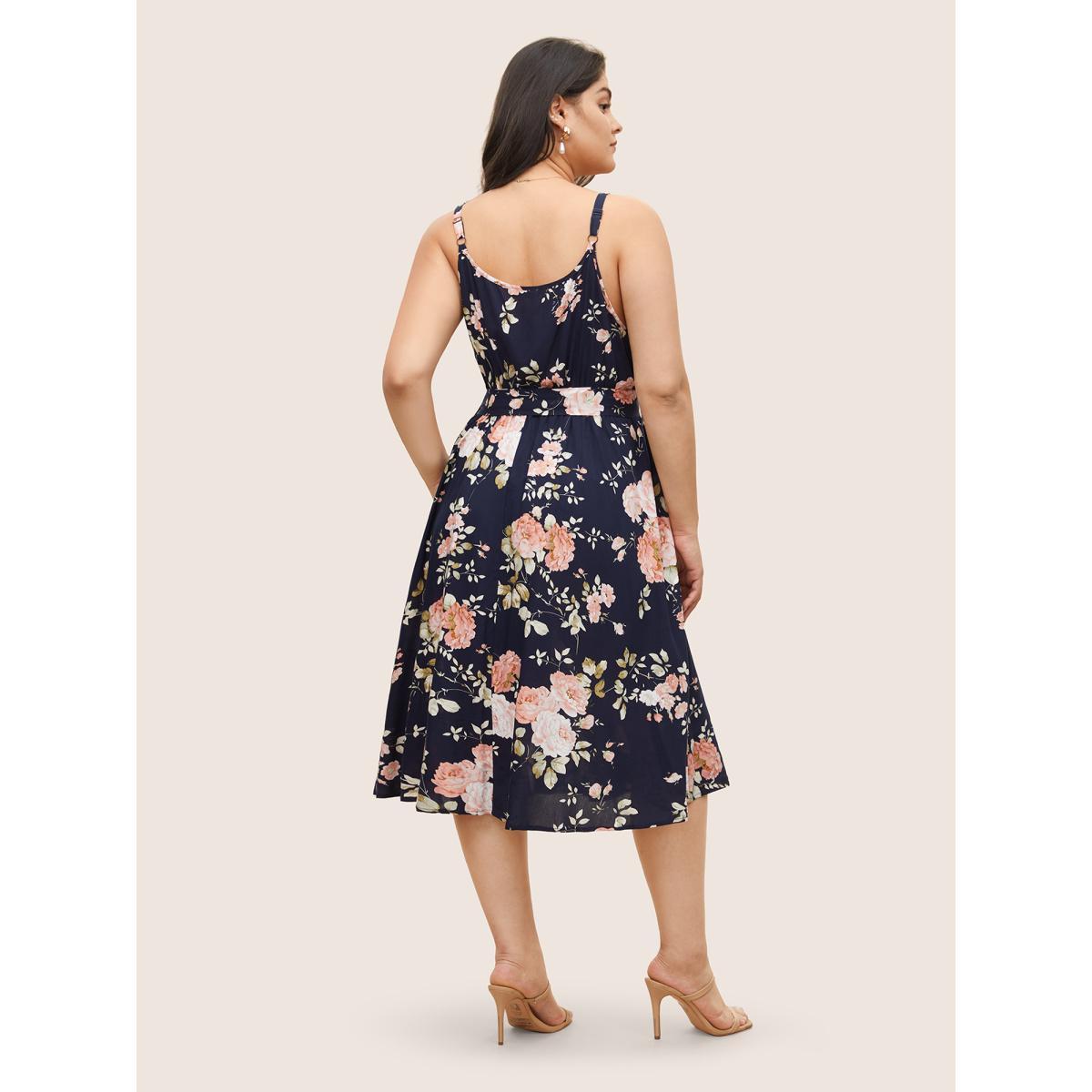 Plus Size Floral Wrap Elastic Waist Belted Sleeveless Dress DarkBlue Women Elegant Non Spaghetti Strap Sleeveless Curvy Midi Dress BloomChic 30/6X Product Image