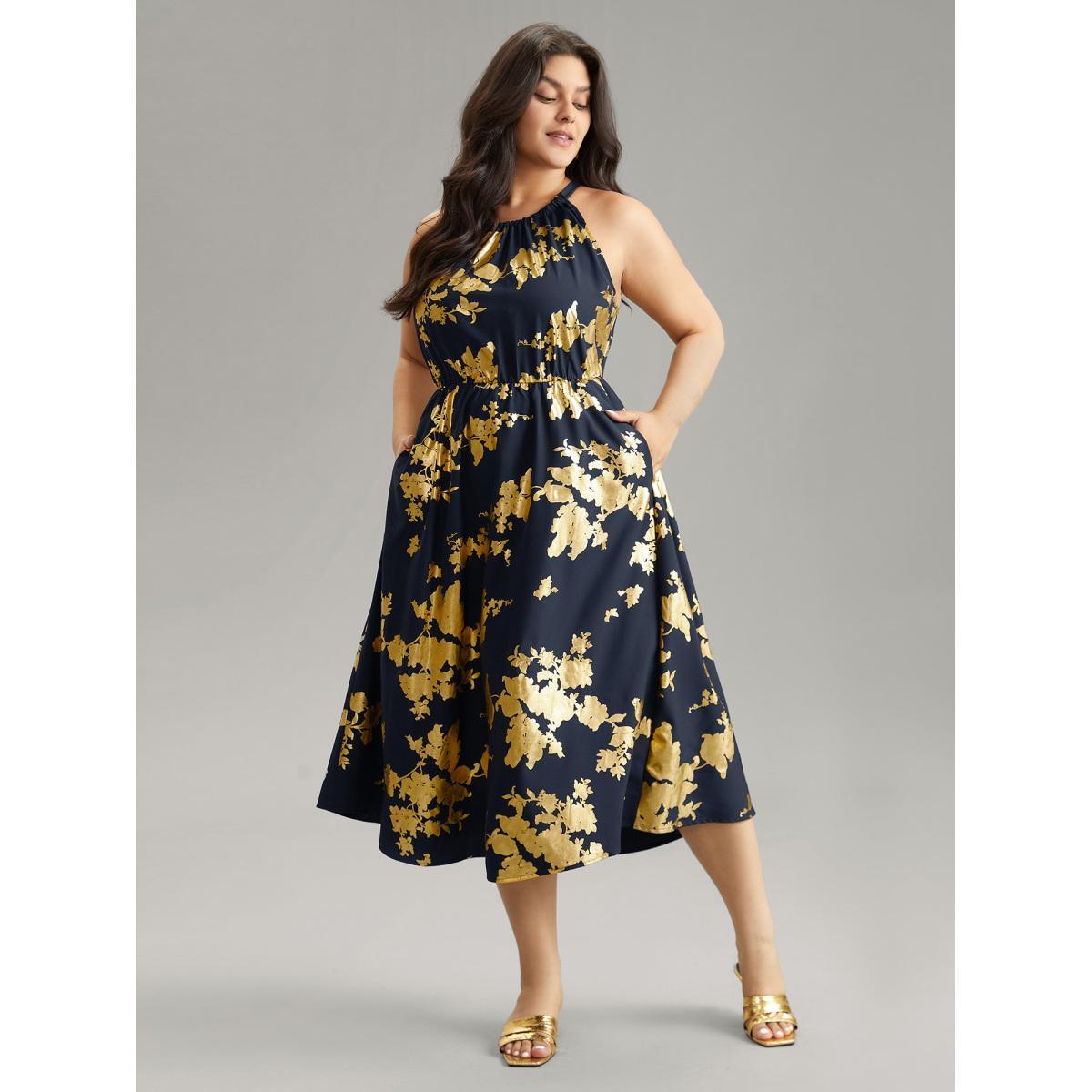 Plus Size Glitter Pocket Halter Keyhole Midi Dress DarkBlue Women Glamour Printed Round Neck Sleeveless Curvy Midi Dress BloomChic 12/L Product Image
