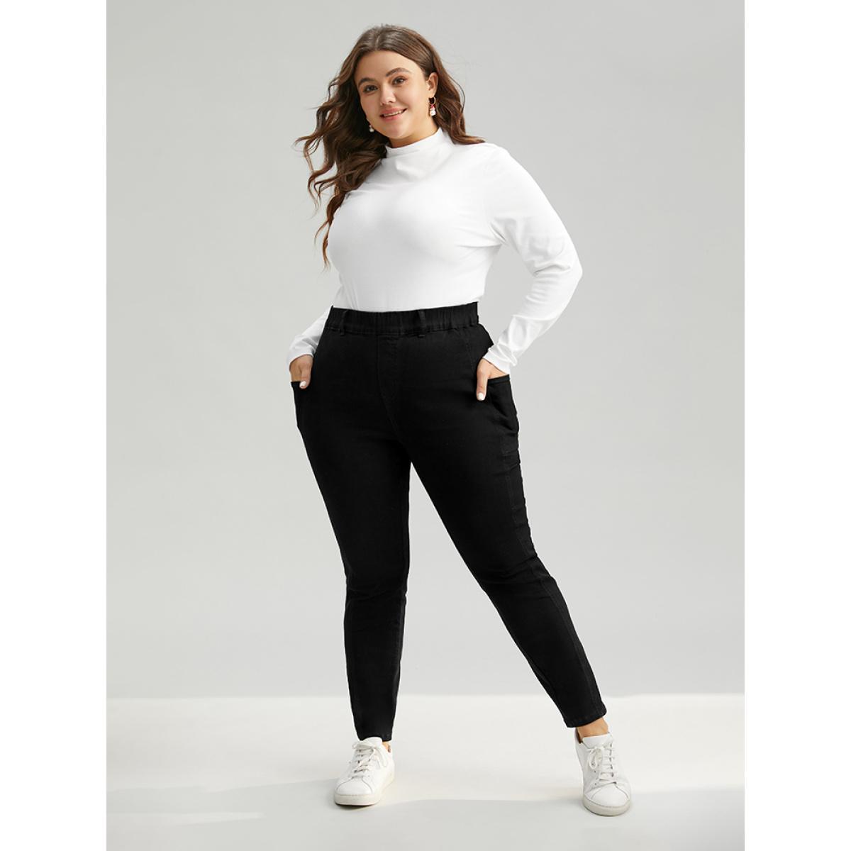 Plus Size Elastic Waist Side Pocket Skinny Jeans Women Black Casual Plain Plain High stretch Pocket Jeans BloomChic 26/4X Product Image