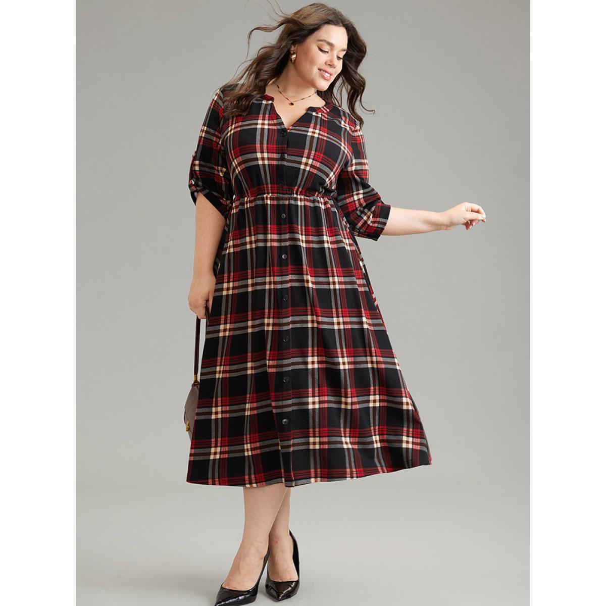Plus Size Plaid Notched Elastic Waist Tab Sleeve Dress Raspberry Women Office Printed Notched collar Elbow-length sleeve Curvy Midi Dress BloomChic 30/6X Product Image