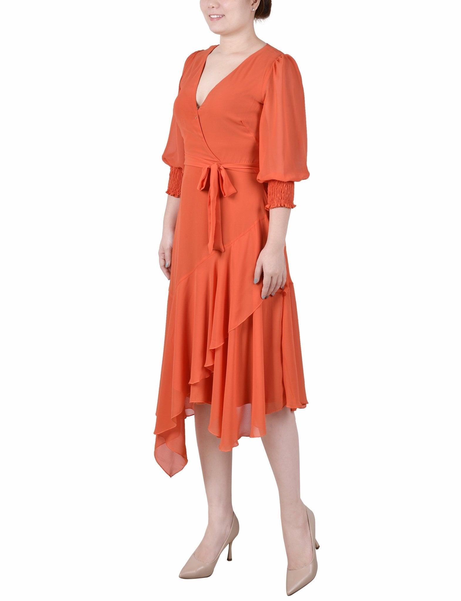3/4 Length Sleeve Belted Chiffon Handkerchief Hem Dress - Petite Product Image