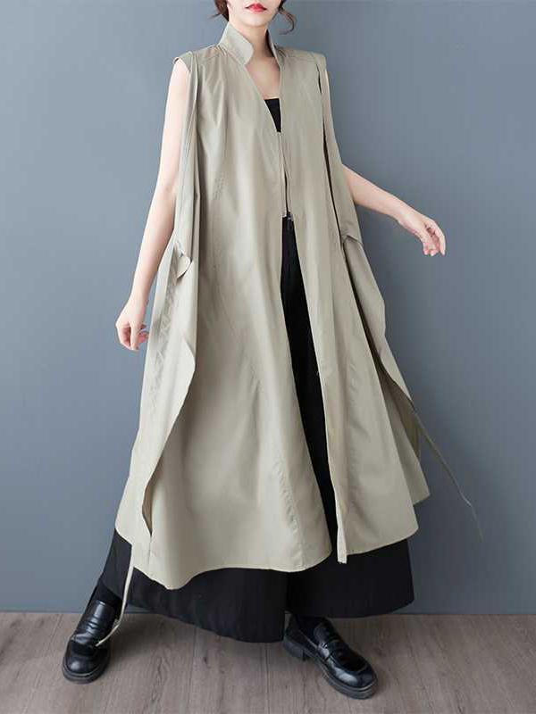 A-Line Loose Pockets Solid Color Tied Zipper V-Neck Midi Dresses Shirt Dress Product Image