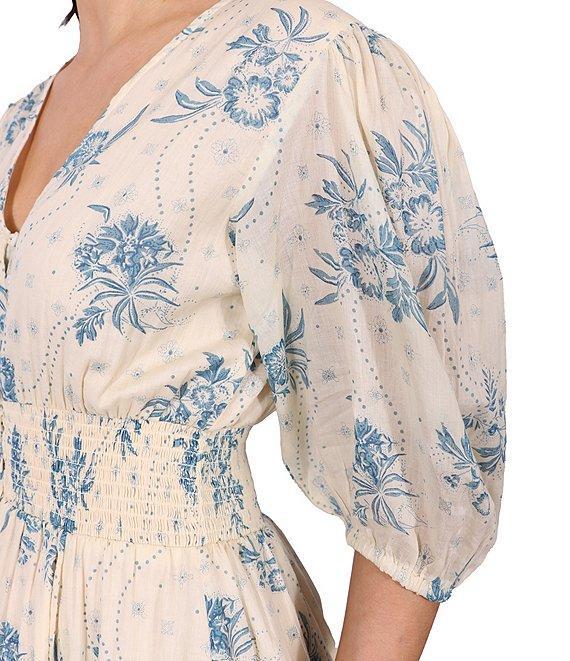 Talisman V-Neck Short Puff Sleeve Bluebell Print Halo Maxi Dress Product Image