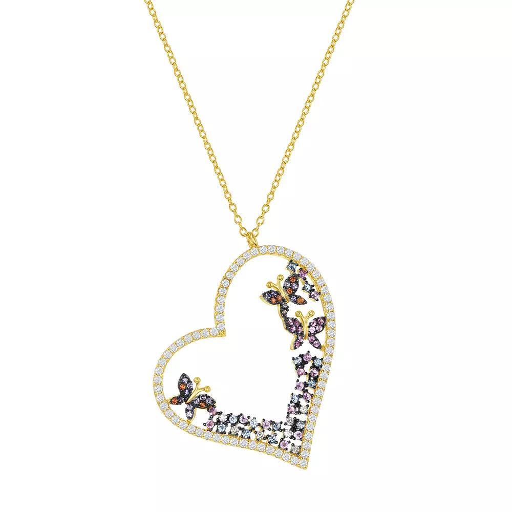 Sterling Silver Cubic Zirconia Heart & Butterflies Necklace, Women's, Size: 16-18" ADJ, Gold Tone Product Image