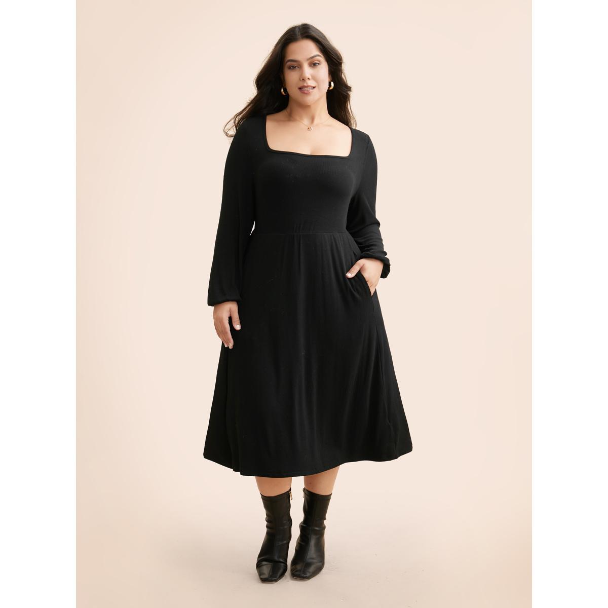 Plus Size Supersoft Essentials Elastic Waist Midi Dress Black Women Basics Texture Square Neck Long Sleeve Curvy BloomChic 10/M Product Image