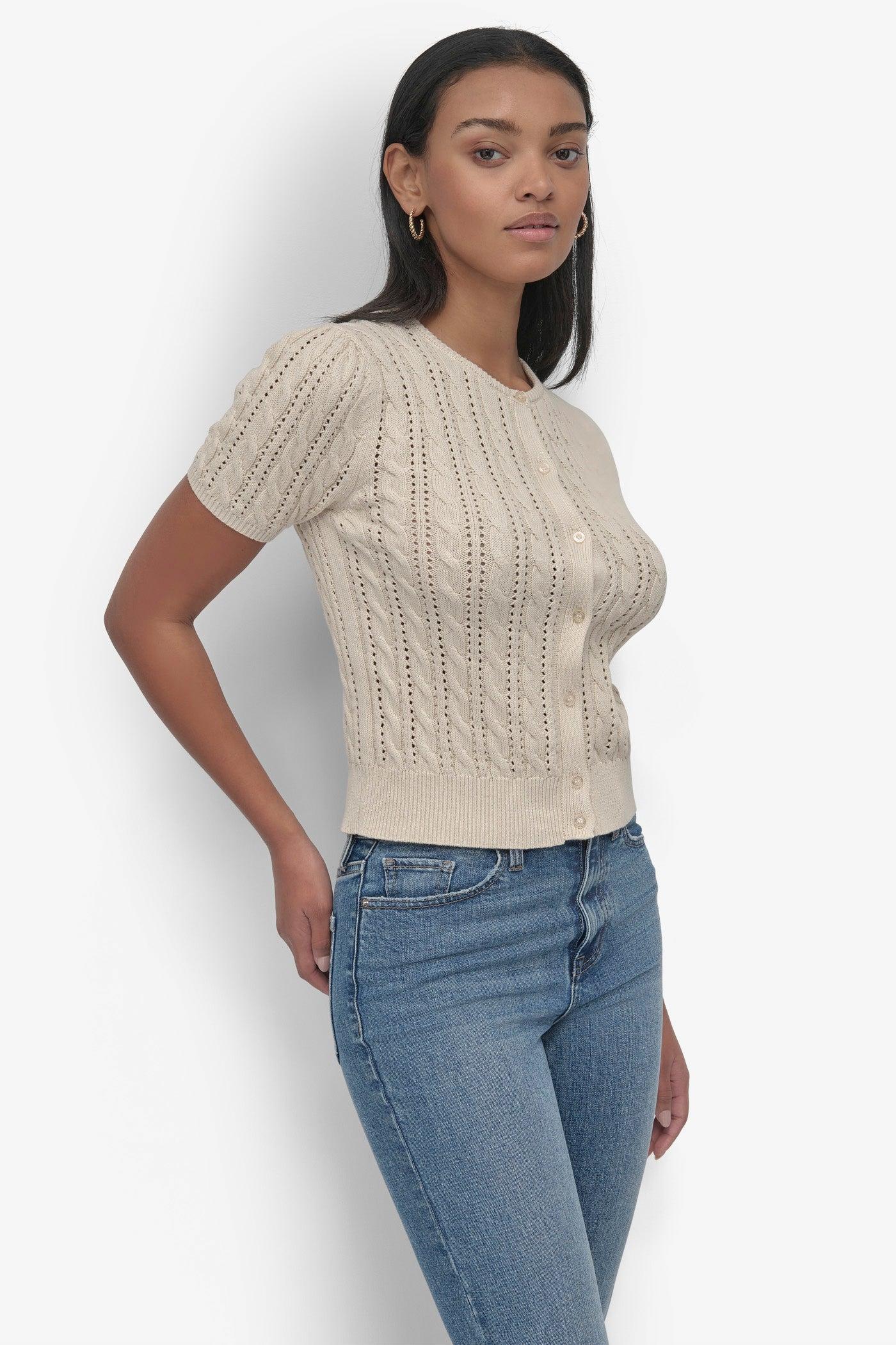 PUFF SLEEVE POINTELLE STITCH CREW NECK Product Image