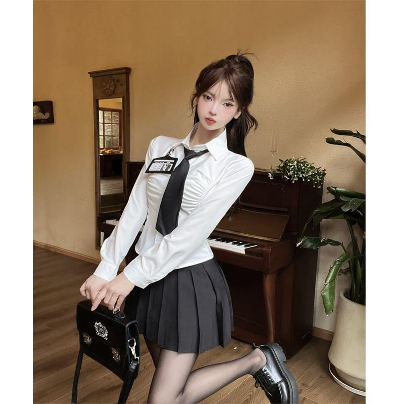 Long-Sleeve Plain Button-Up Crop Shirt / High Waist Pleated Mini A-Line Skirt / Necktie / Name Tag / Set Product Image