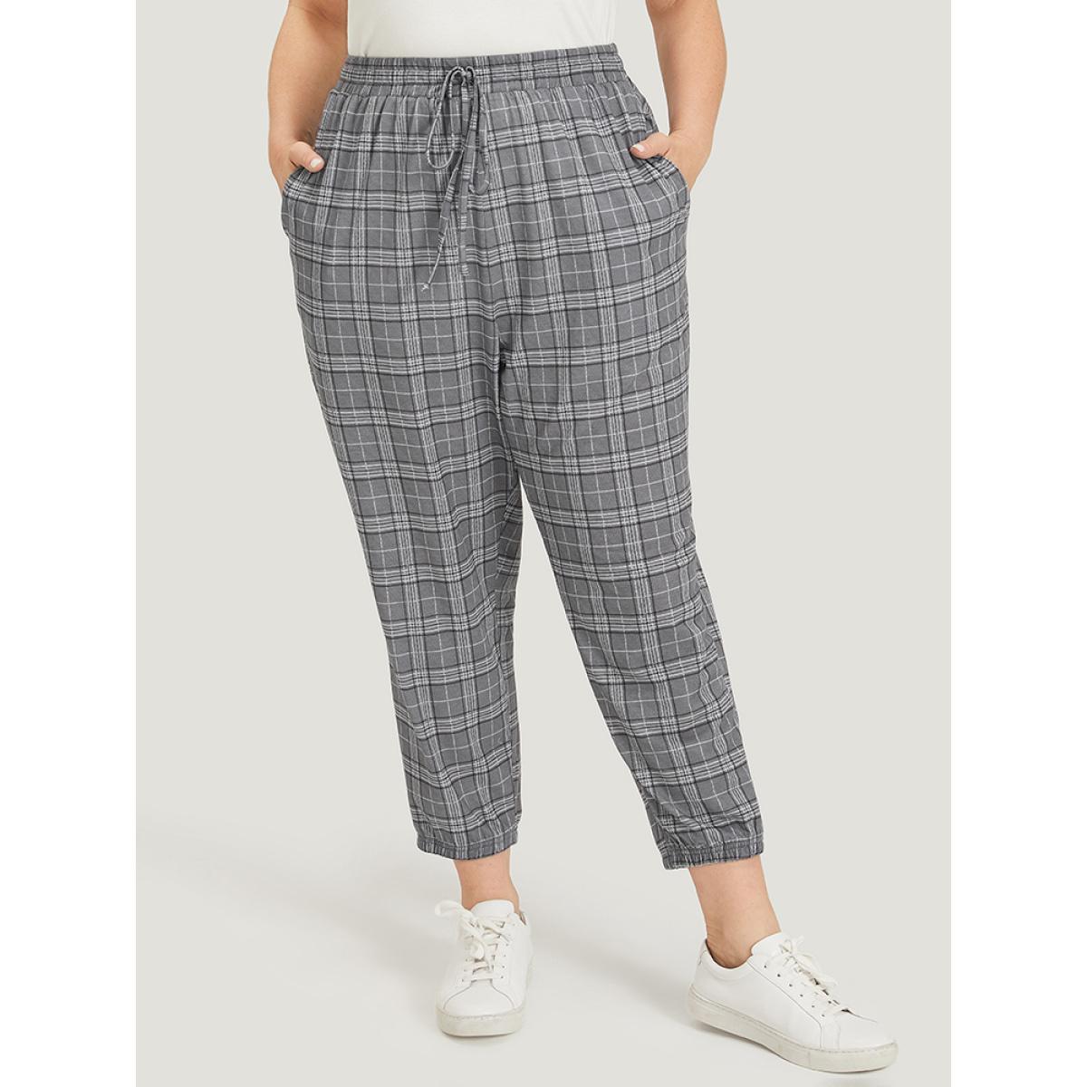 Plaid Drawstring Pocket High Rise Sweatpants SlateGray Plus Size Women Casual Dailywear Cross straps 28/5X Bloomchic Product Image