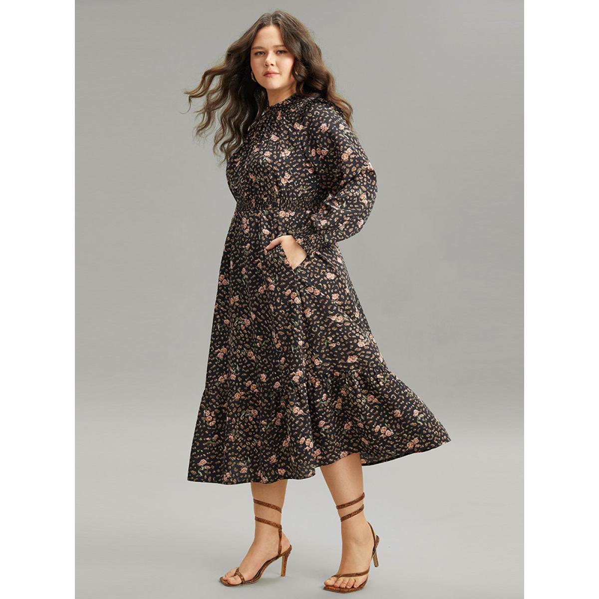 Plus Size Ditsy Floral Shirred Flutter Trim Keyhole Dress Black Women Elegant Printed Mock Neck Long Sleeve Curvy Midi Dress BloomChic 10/M Product Image