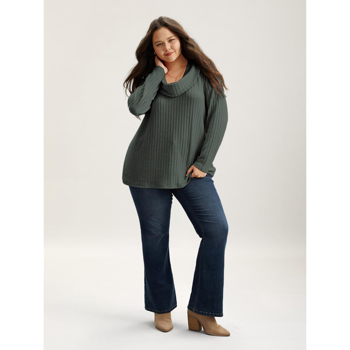 Plus Size Plain Rib Knit Cowl Neck T-shirt Green Women Elegant Texture Plain Ruffled collar Dailywear T-shirts BloomChic 26/4X Product Image