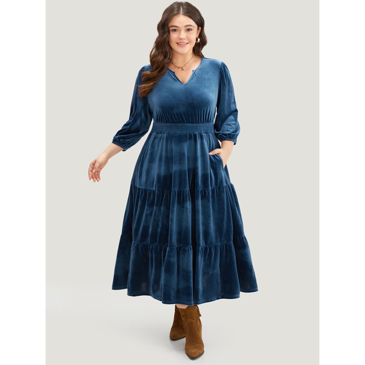 Plus Size Velvet Solid Notched Shirred Tiered Hem Dress Cerulean Women Vacation Elastic cuffs Notched collar Elbow-length sleeve Curvy Midi Dress BloomChic 30/6X Product Image