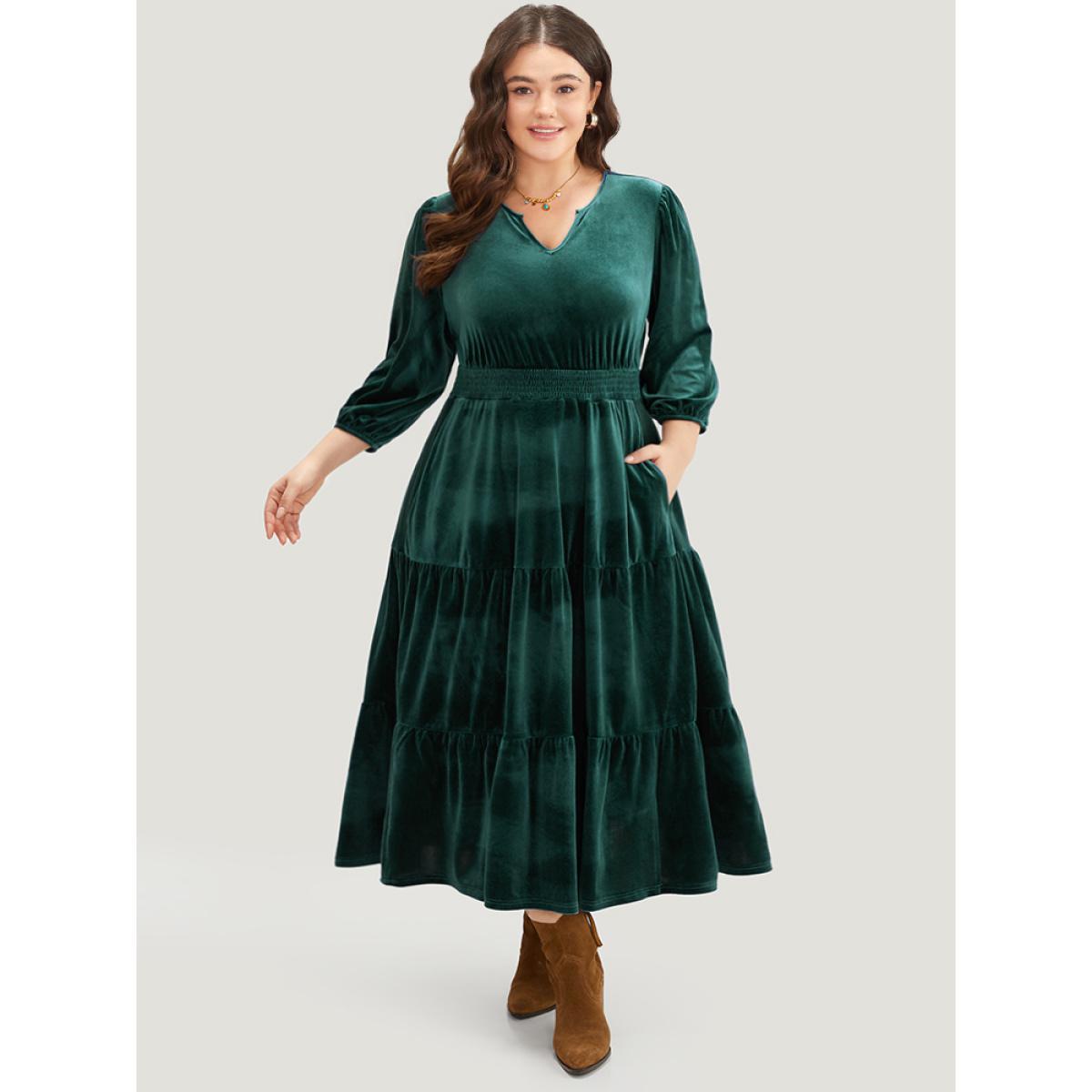 Plus Size Velvet Solid Notched Shirred Tiered Hem Dress DarkGreen Women Vacation Elastic cuffs Notched collar Elbow-length sleeve Curvy Midi Dress BloomChic 10/M Product Image